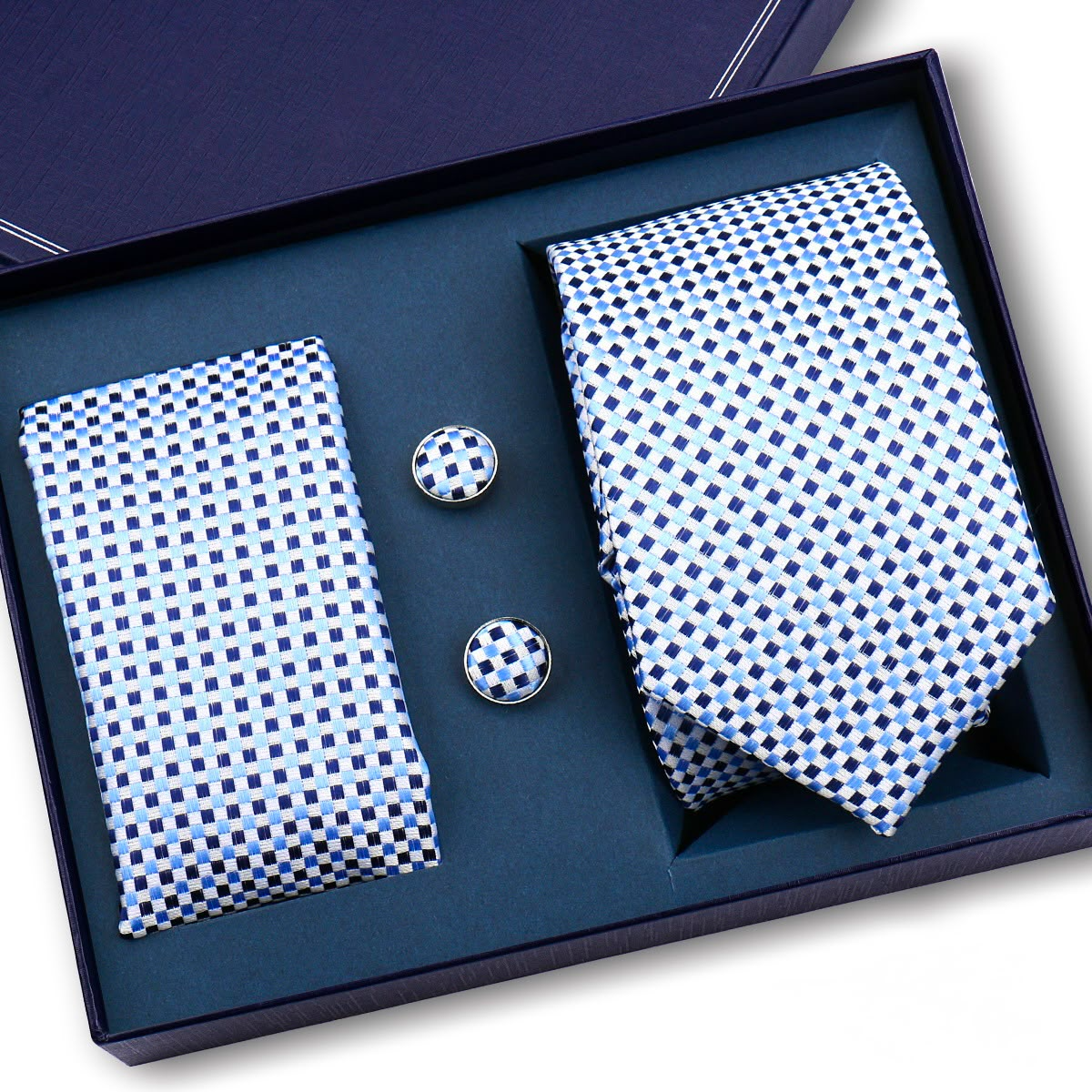 Blue & White Micro Check Tie Set