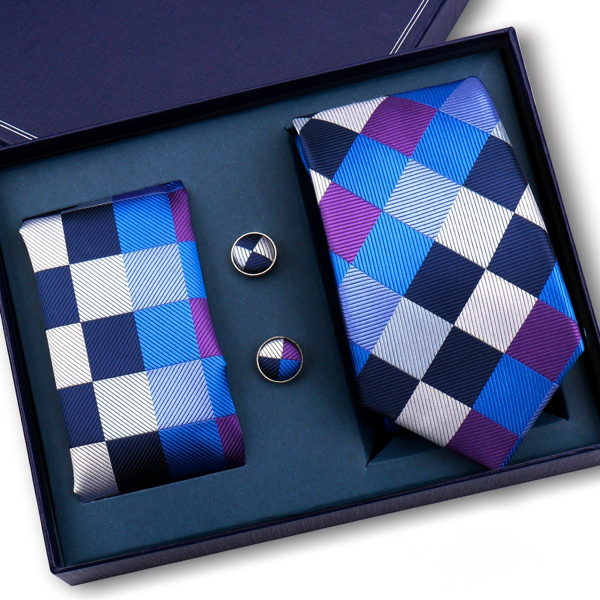 Multitonal Blue Block Check Tie Set