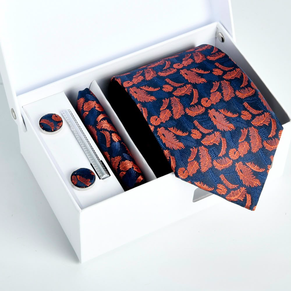 Navy Blue & Copper Feather Tie Set