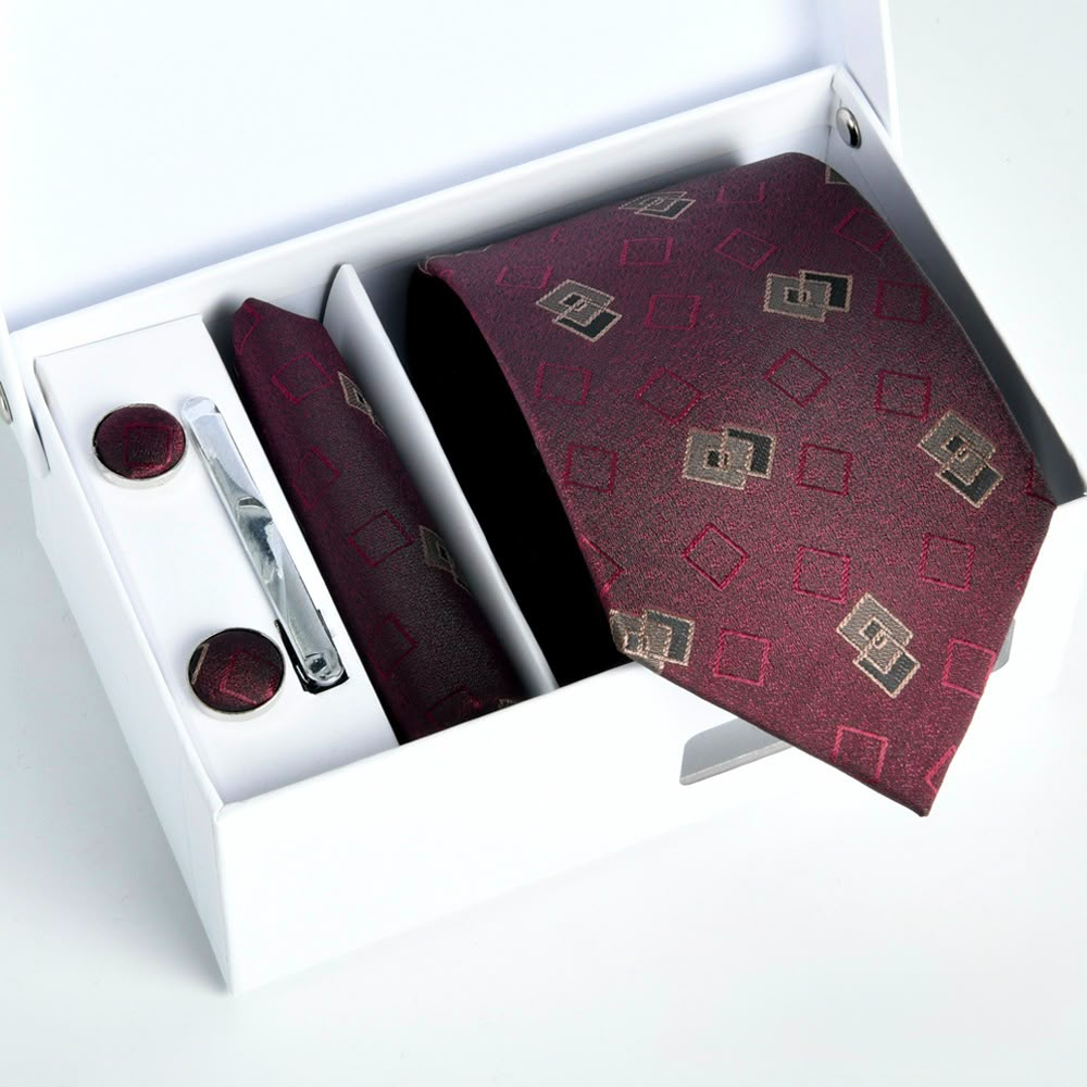 Deep Burgundy Geometric Diamond Tie Set