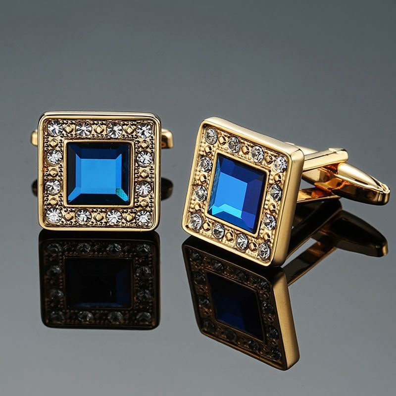 Elegant Square Blue Crystal Gold Cufflinks | Men's Dress Shirt Jewelry