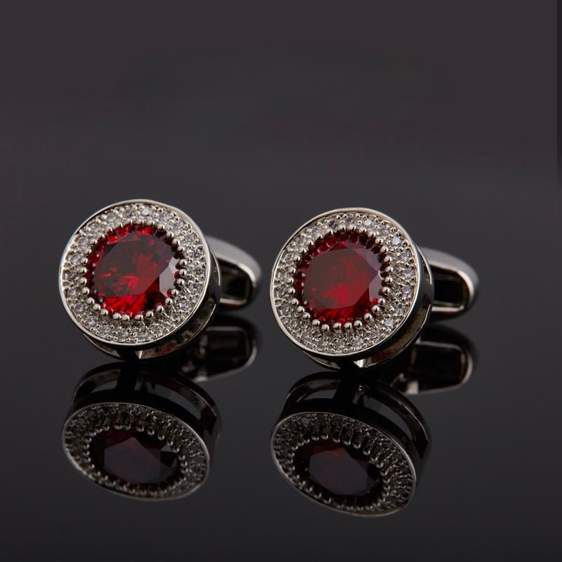 Round Ruby Red Crystal Silver Cufflinks for Men