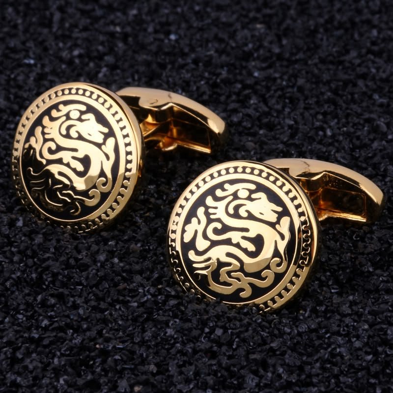 Golden Chinese Dragon Black Enamel Cufflinks for Men